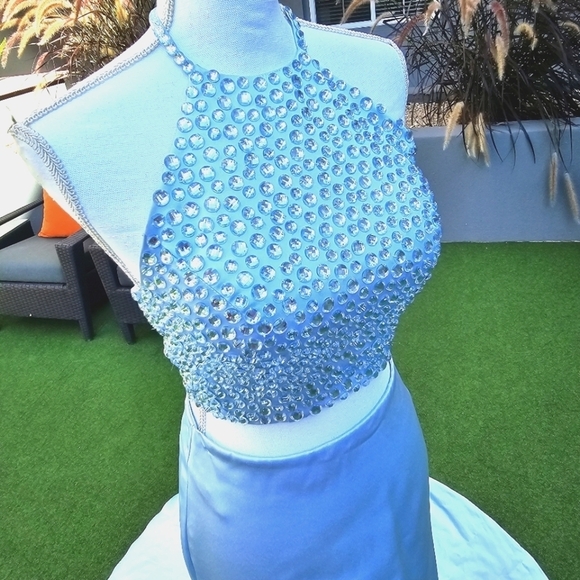 Sherri Hill Crystal Halter Gown Set ✦ Light Blue 2‑Piece Prom Dress w/ Train ✦ 4 - Picture 10 of 17